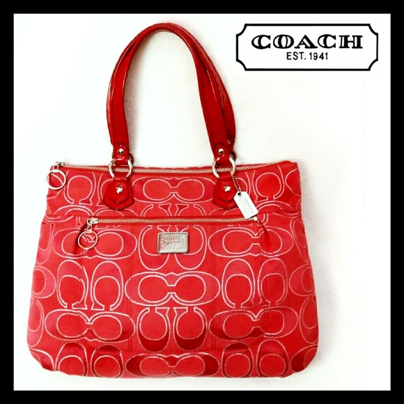 Coach Handbags - Coach Poppy Red Signature Lurex Glam Tote 17890